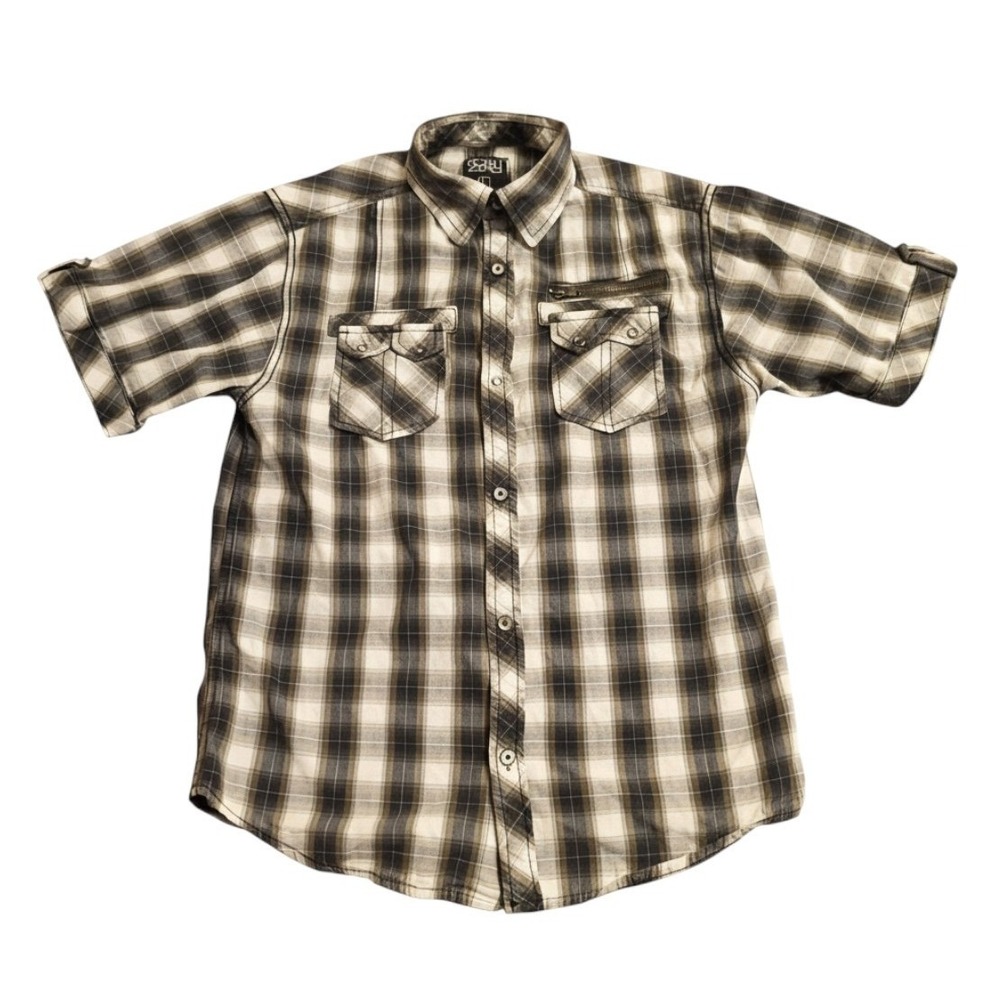 Point Zero Plaid Button Down Shirt Mens Large Olive Green Utility Grunge